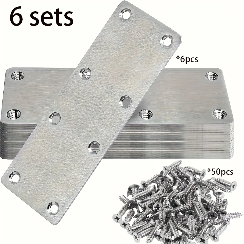 6 Sets of Stainless Steel Flat Repair Plates, Flat Angle Brackets, and 48 Screws, Suitable for Wood and Other Materials.