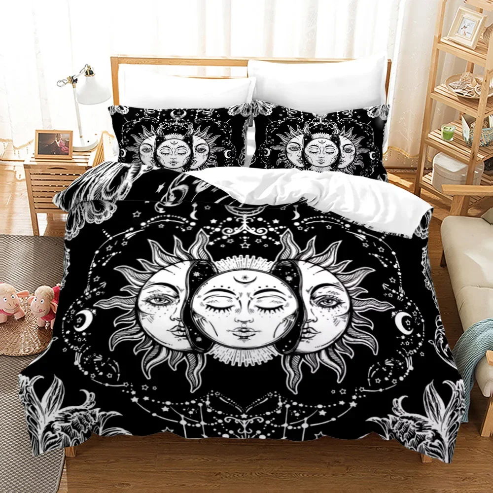 Mandala Duvet Cover Sun and Moon Decor Quilt Cover Set King/Queen Size,Boho Exotic Style Black and White Bedding Set for Adults