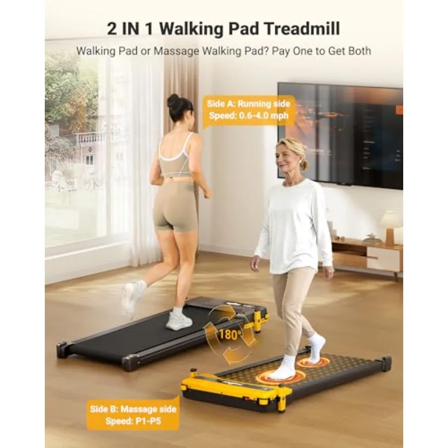 Dual-Sided Incline Walking Pad Treadmill, Easy-Flip 2-in-1 for Walking and Foot Massage, 330 LBS, Ultra-Quiet Under Desk Machin