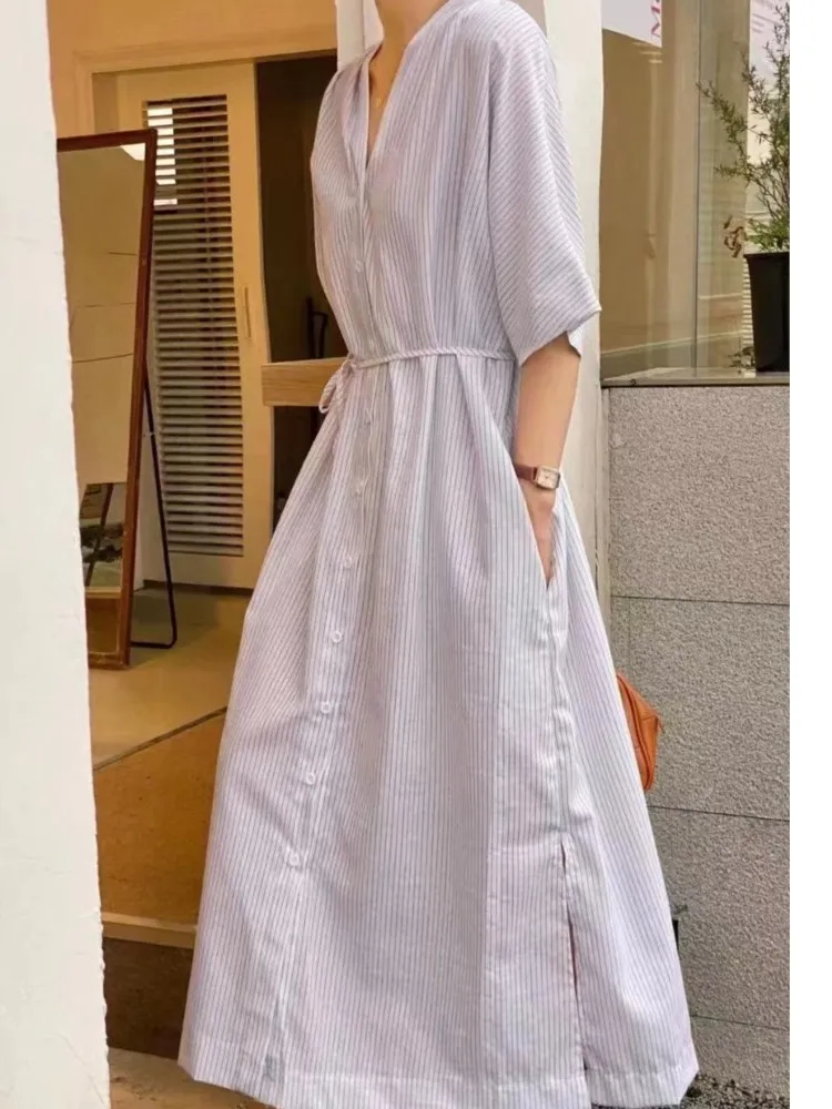 Zomer vintage gestreept linnen shirt vrouwen jurk nieuwe korte mouw casual losse enkele rij knopen v-hals dames jurk vestidos
