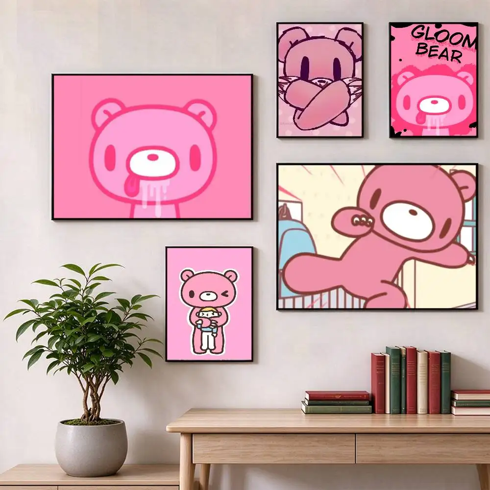 Guro Kawaii Pink Bear Gloomy  Poster Waterproof Wall Art Sticker For Bar Living Room Vintage Decor High Quality Print Gift