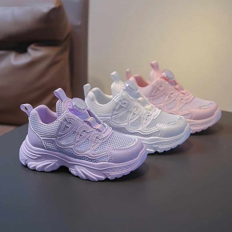 

Kids Casual Shoes Mesh Breathable Rotating Button Girls Sneakers Soild Color 2026 Brand New Children Running Shoes Non-slip