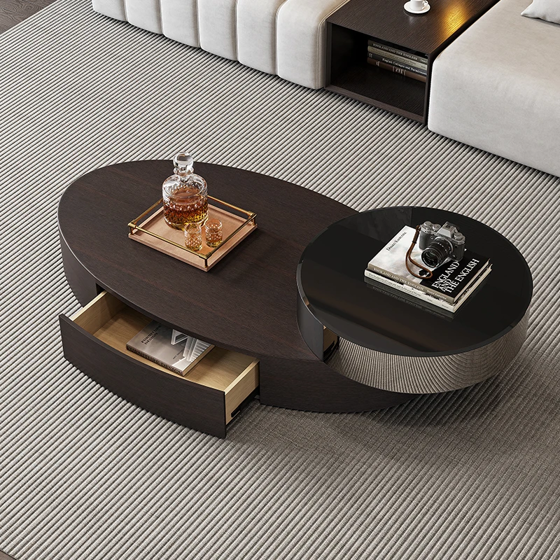 Modern Luxury Wood Oval Big Coffee Table Set With Drawers Living Room Stainless Steel Glass Furniture Rotating Elegant Design