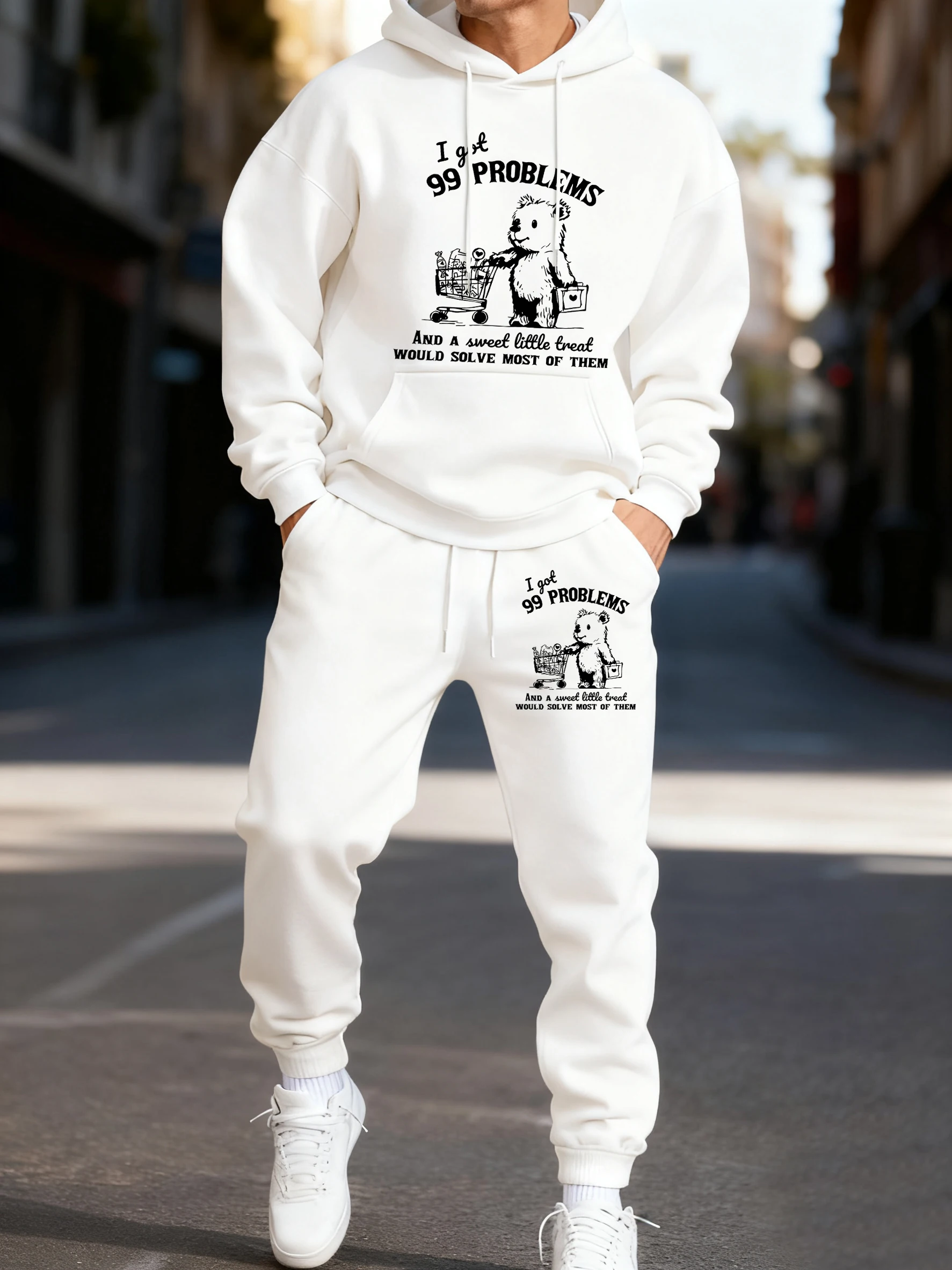 

Симпатичные и счастливые покупки с принтом медведя, спортивная мода, мужские спортивные штаны с капюшоном, комплект из 2 предметов, теплые бритвы на шнурке, простая повседневная одежда