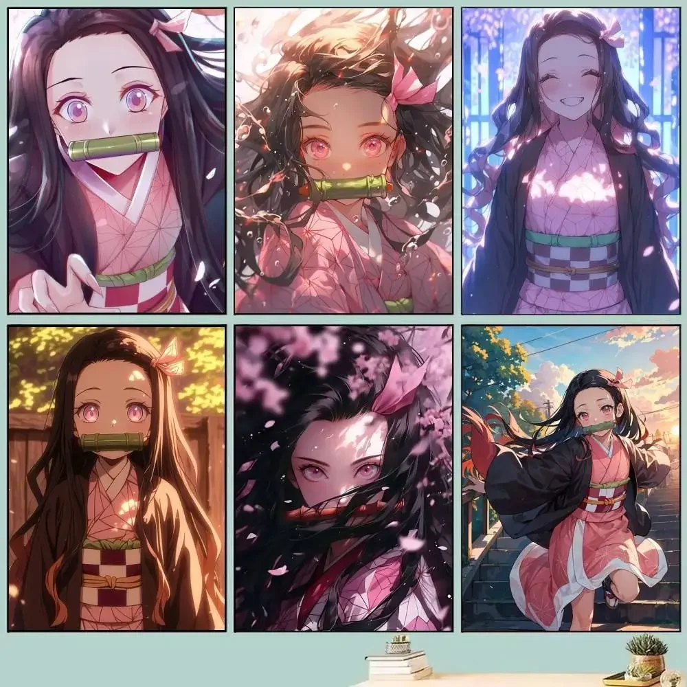 Frameless canvas paintings,N-nezuko Anime Characters Posters Self Adhesive Waterproof Ideal For Living Room Bedroom Bar Decorati