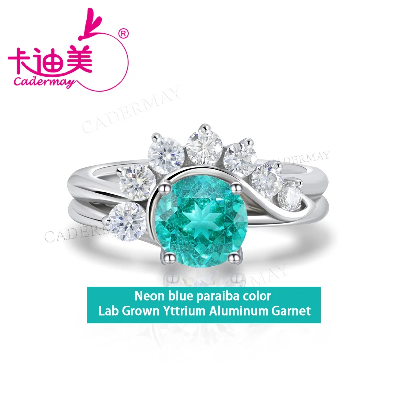 7mm Round Cut Tsavorite Paraiba Color Lab Grown Yttrium Aluminum Garnet YAG Silver 925 Rings Ring For Women Jewelry