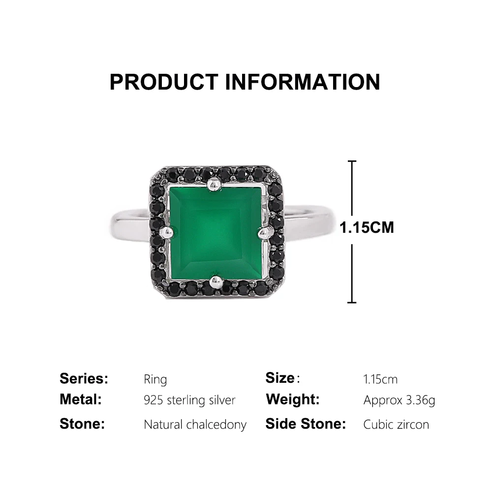 Women's 925 Sterling Silver Jewelry Set with Natural Green Agate Square 8.0mm Ring And Earrings for Banquet Gifts view 4