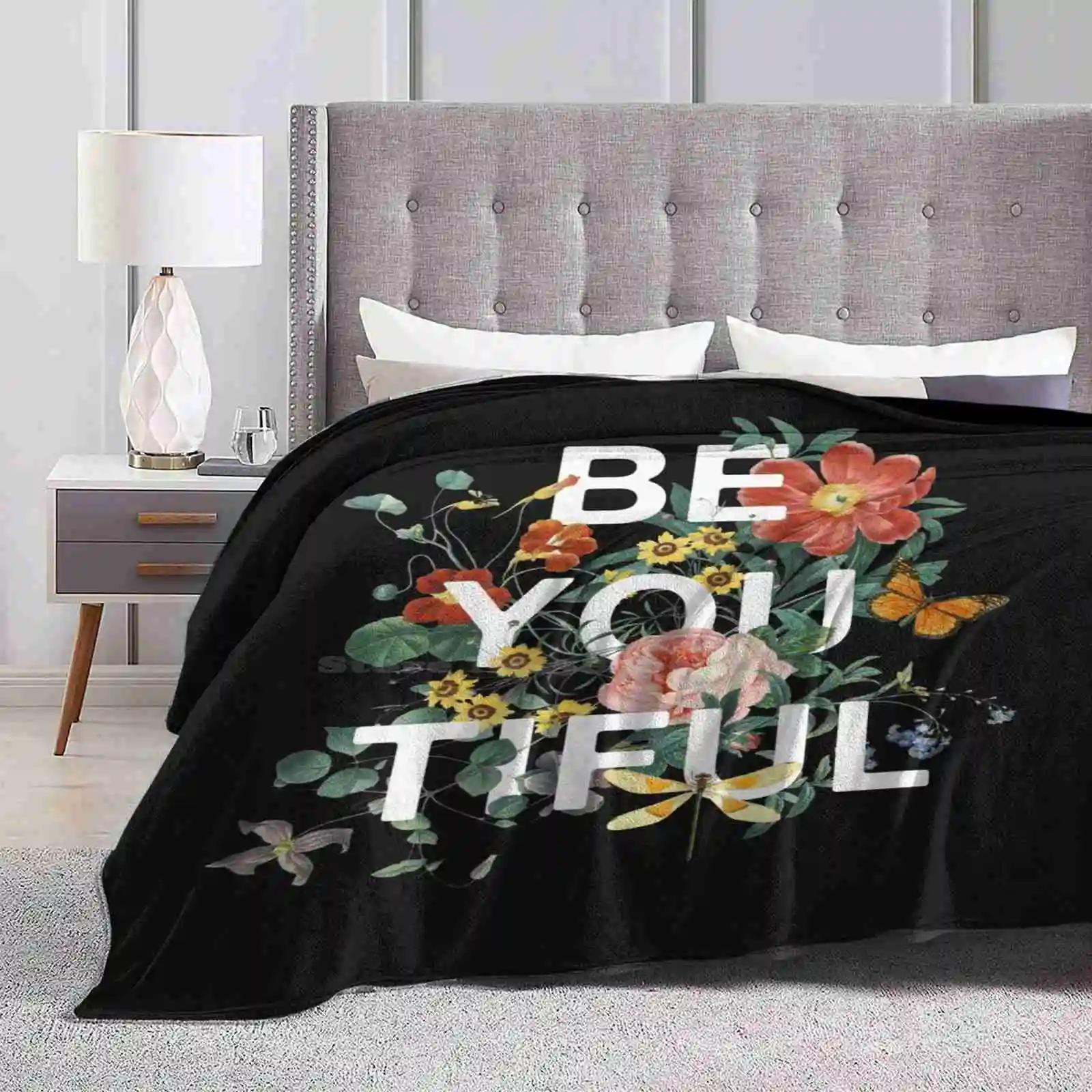 Be You Tiful Soft Warm Throw Blanket Typography Floral Flowers Blooms Garden Botanical