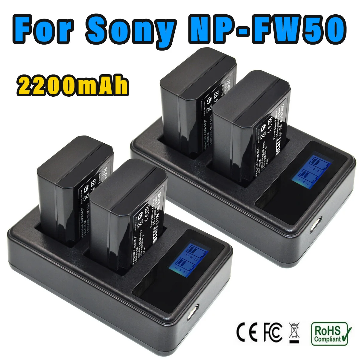 Powtree For Sony 2200mAh 7.2V NP FW50 NP-FW50 NPFW50 Camera battery Akku + LCD Dual Charger For Alpha a6500 6300 6000 3000