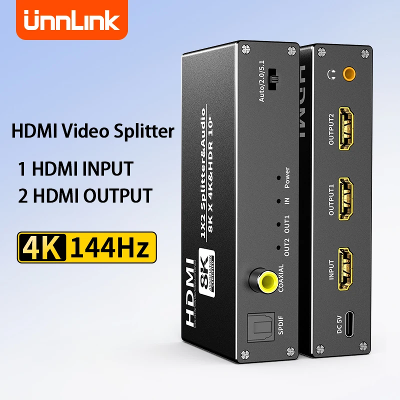 

Unnlink 8K@60Hz HDMI Audio Extractor 1 In 2 out HDMI video Splitter With SPDIF Optical Coaxial 3.5MM Aux