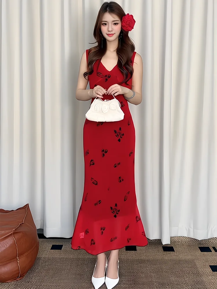 

Потрясающее красное платье-сарафан с V-образным вырезом для женщин, лето 2026, новинка, для пляжного отдыха, с завышенной талией, длинное, в ретро-стиле, для повседневной носки, высокое качество