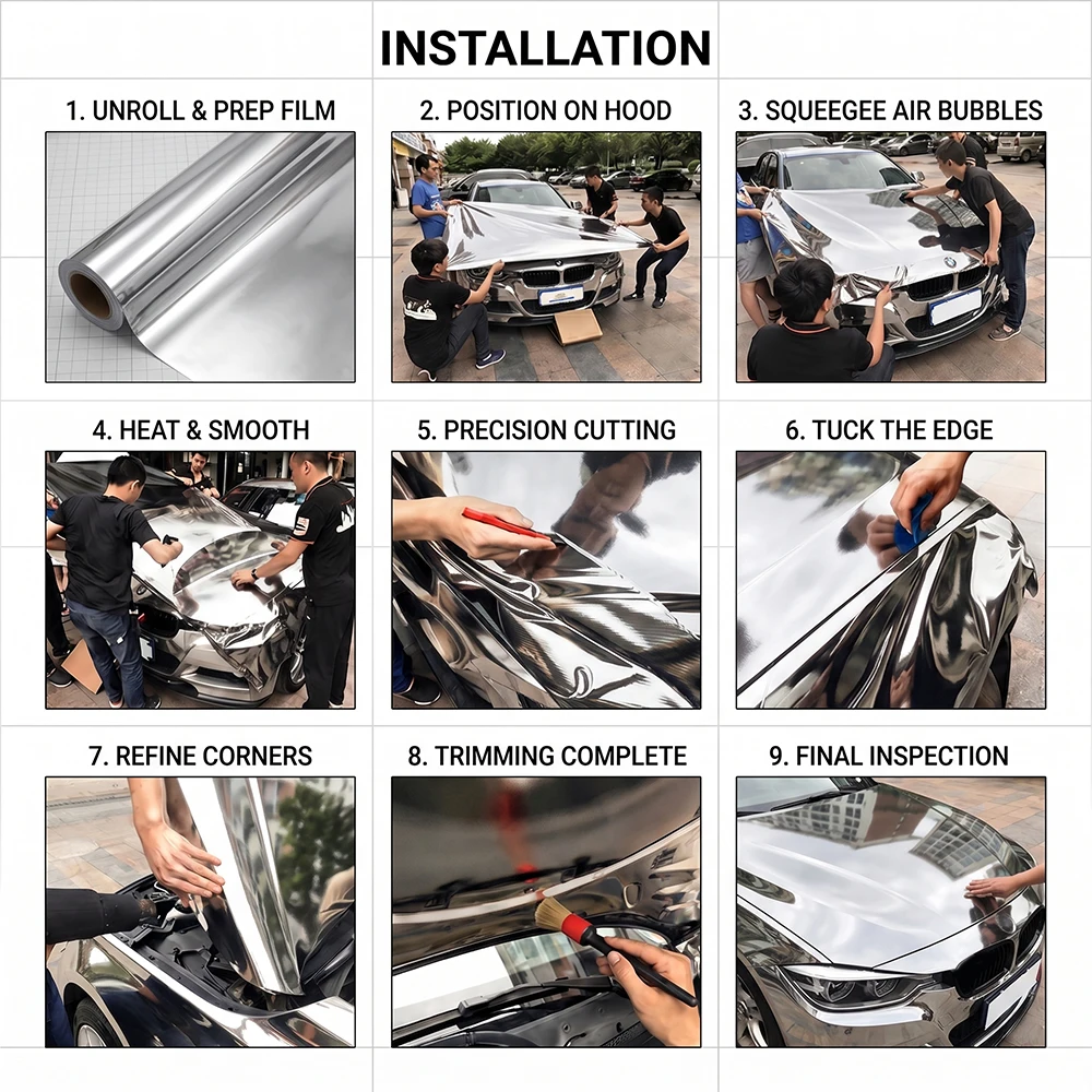 Chrombeschichtung Spiegelsilber Elektrobeschichtungsfolie Auto-Vinylfolie Galvanisierter Aufkleber PVC Autokarosserie Farbwechsel Dekorationsfolie – Detail 15