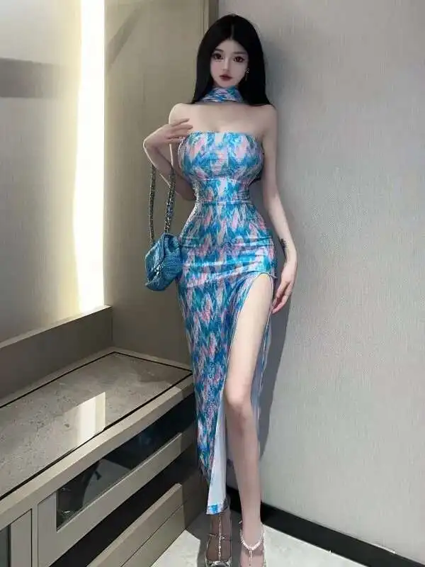 セクシーなパーソナライズされたプリントぶら下げネックローカットオフショルダースプリットドレスエレガントなロングドレススリム女性ファッションセクシーな韓国 VJO0