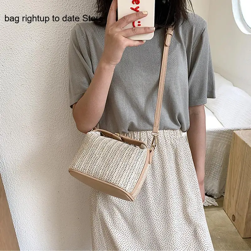 Summer Casual Beach Travel Pu Leather Straw Woven Splicing Handbag Crossbody Shoulder Bag