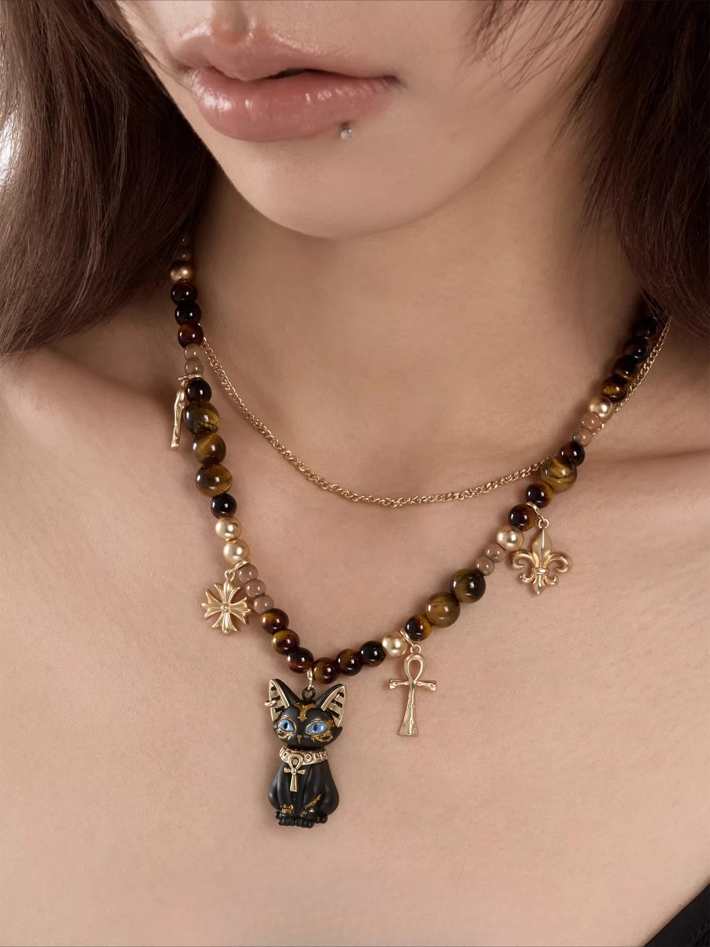 Original Anka Eye of Life Double Necklace, Egyptian Cat Tiger's Eye Stacked Collarbone Chain