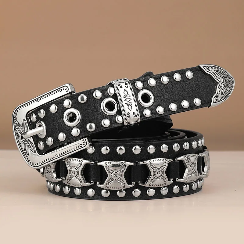 

mens fashion soft leather rivets belt brand designer studded belts punk rock dress women stylish pin buckle waistband strapon