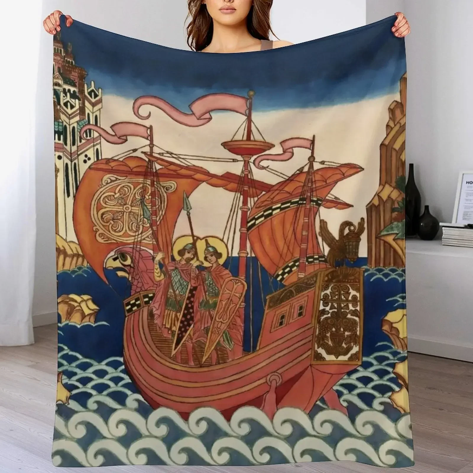 Saints on the Ship by Ivan Bilibin Throw Blanket Decorative Sofas Bed linens Luxury Brand Blankets