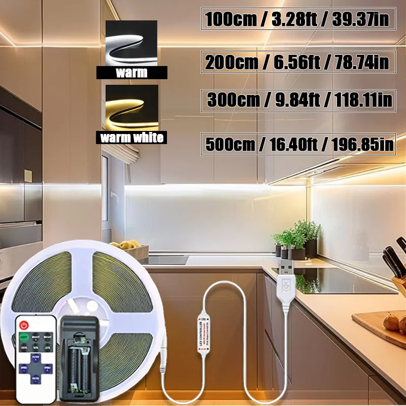 DC 5V USB COB LED Light Strip with RF Remote, Dimmable White Warm White Tape 1/2/3/5M for Under Cabinet Home Decoration