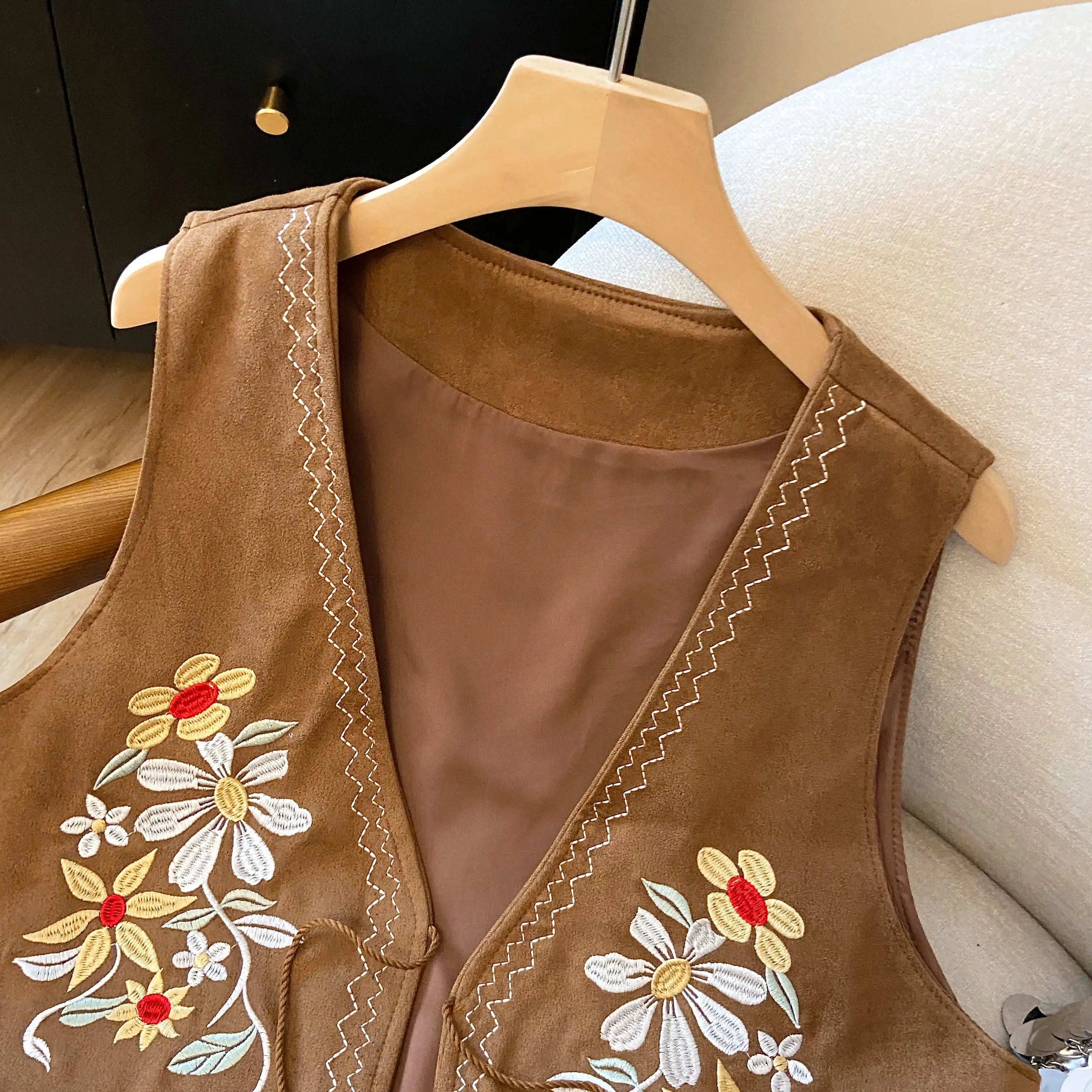 Retro bordado floral colete com cinto ell franja caramelo pele de veado veludo oulder feminino faion commute sle v ne