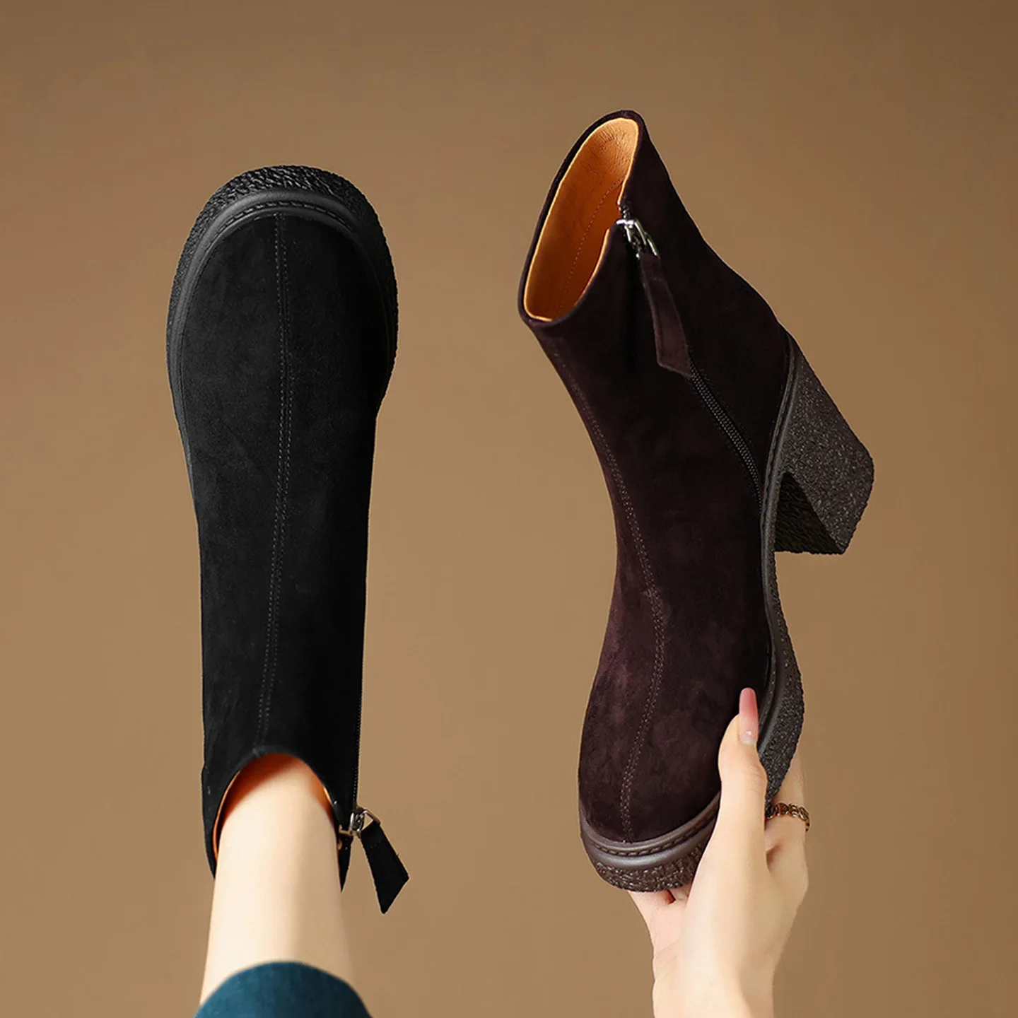2026 new autumn winter women ankle boots natural leather plus size 22-25cm kid suede round toe thick heel side zip short boots