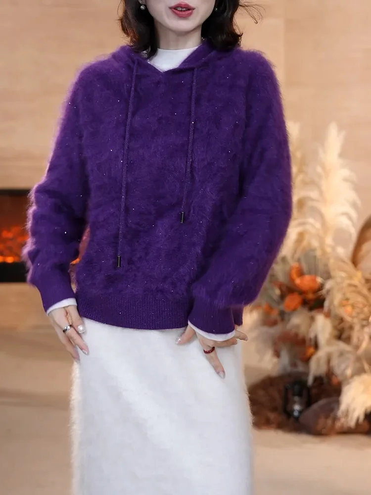

Корейский модный фиолетовый вязаный свитер с капюшоном, осенняя новинка, универсальный топ большого размера, женский теплый термотоп с длинными рукавами