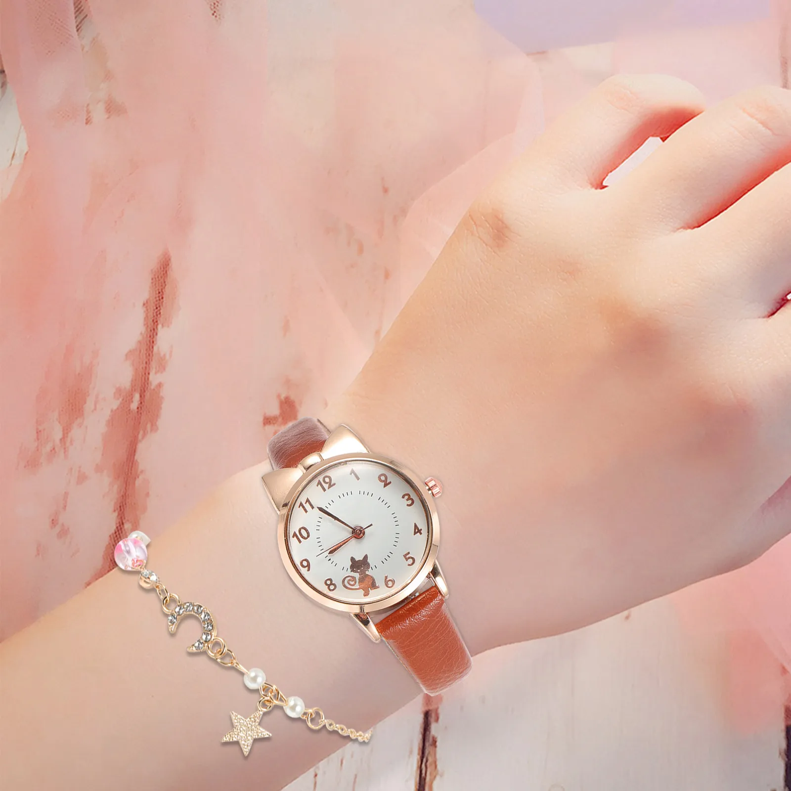 1Set Women Watch Set Cat Design Quartz Movement Moon Star Bracelet Band Fashion Gift for Her Elegant Daily Wear