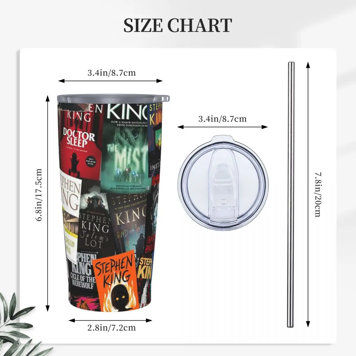 Stephen King Book Covers, Horror Bookworm Stainless Steel Tumbler Vacuum Insulated Mug Thermal Cold Bottle Straws With Lid 20oz