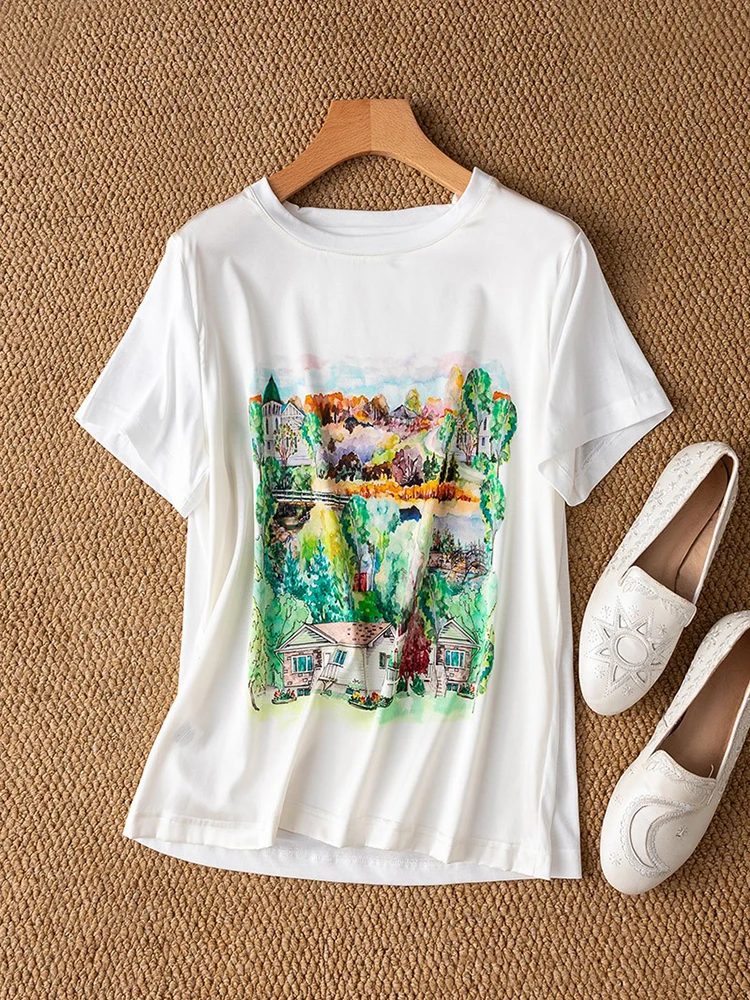 Women Silk T-shirt 93% Mulberry Silk 7% Spandex Front Side Tee Top Blouse Crew Neck short sleeves White Hometown Printed MM502