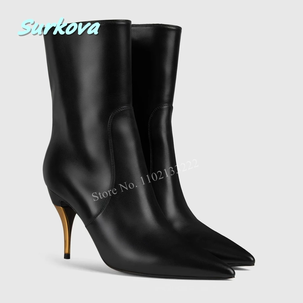 

Black Zipper Matte Leather Ankle Boots Solid Gold Thin High Heel Pointed Toe Winter Newest Fashion Women Work Simple Shoes