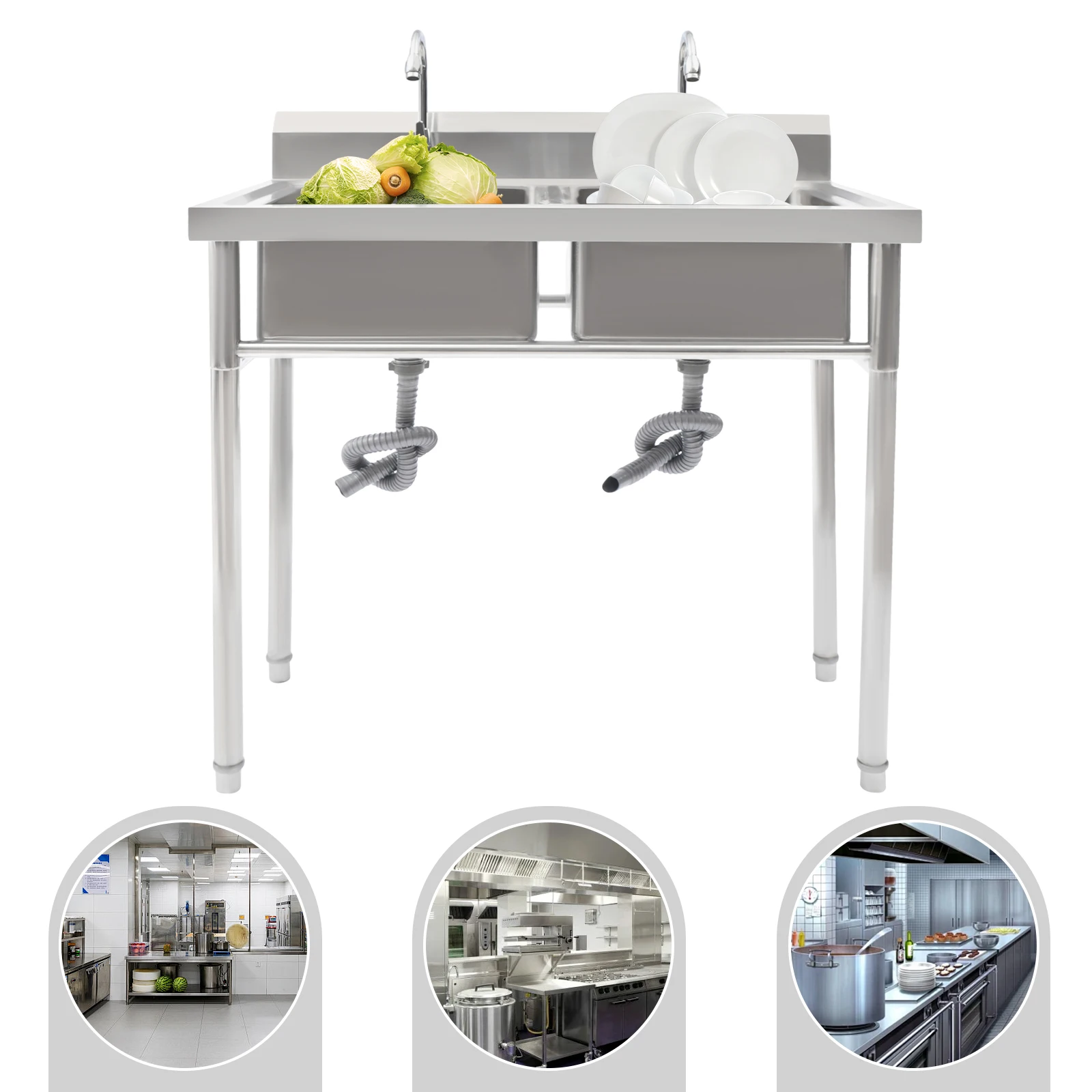 2 Compartment Commercial Sink w/ Double Faucet Restaurant USink -Stainless Steel