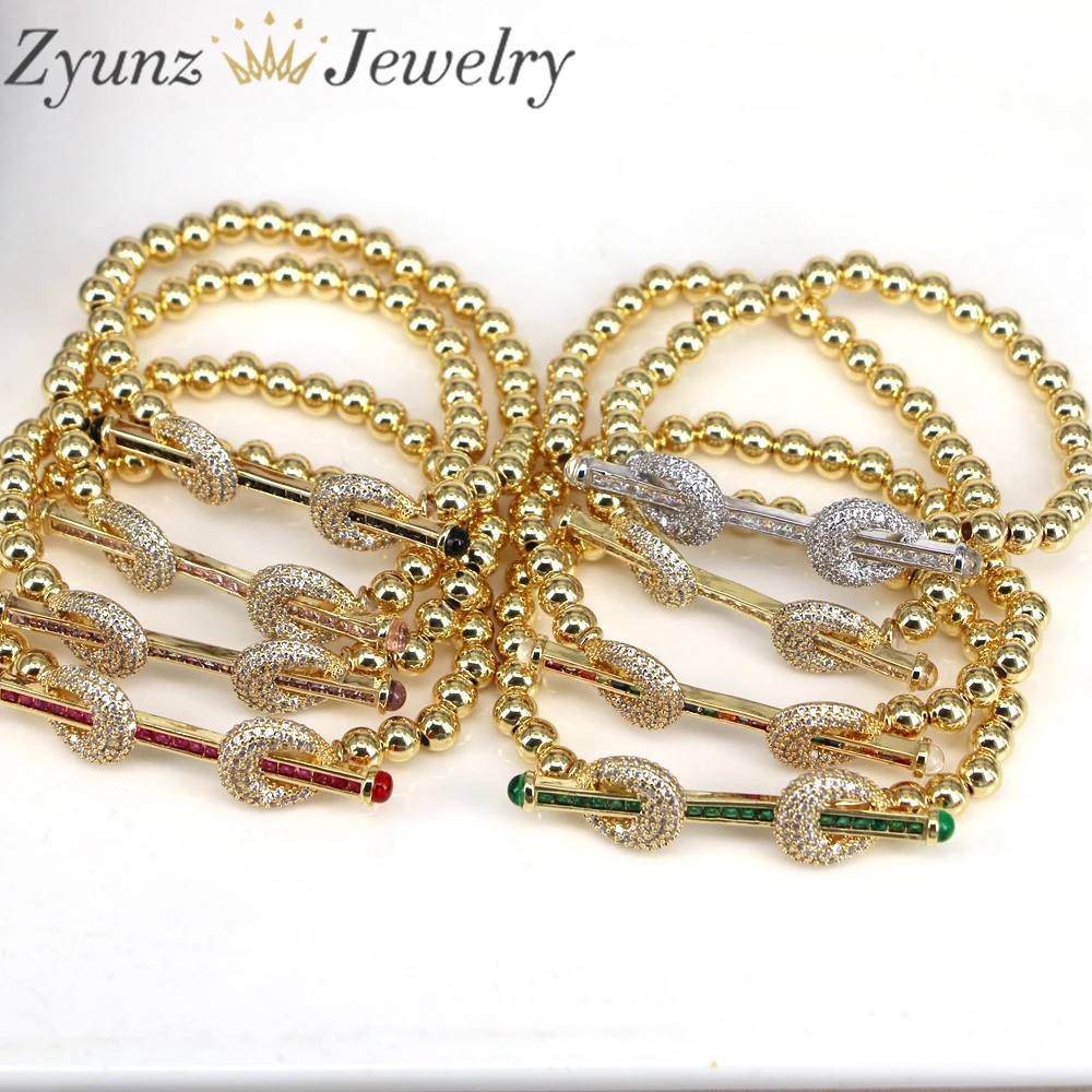 5PCS, Gold plated Beaded Bracelets for Women Charm Zircon Connector Statement Bracelets Bangles Handmade Elastic Hand Jewelry