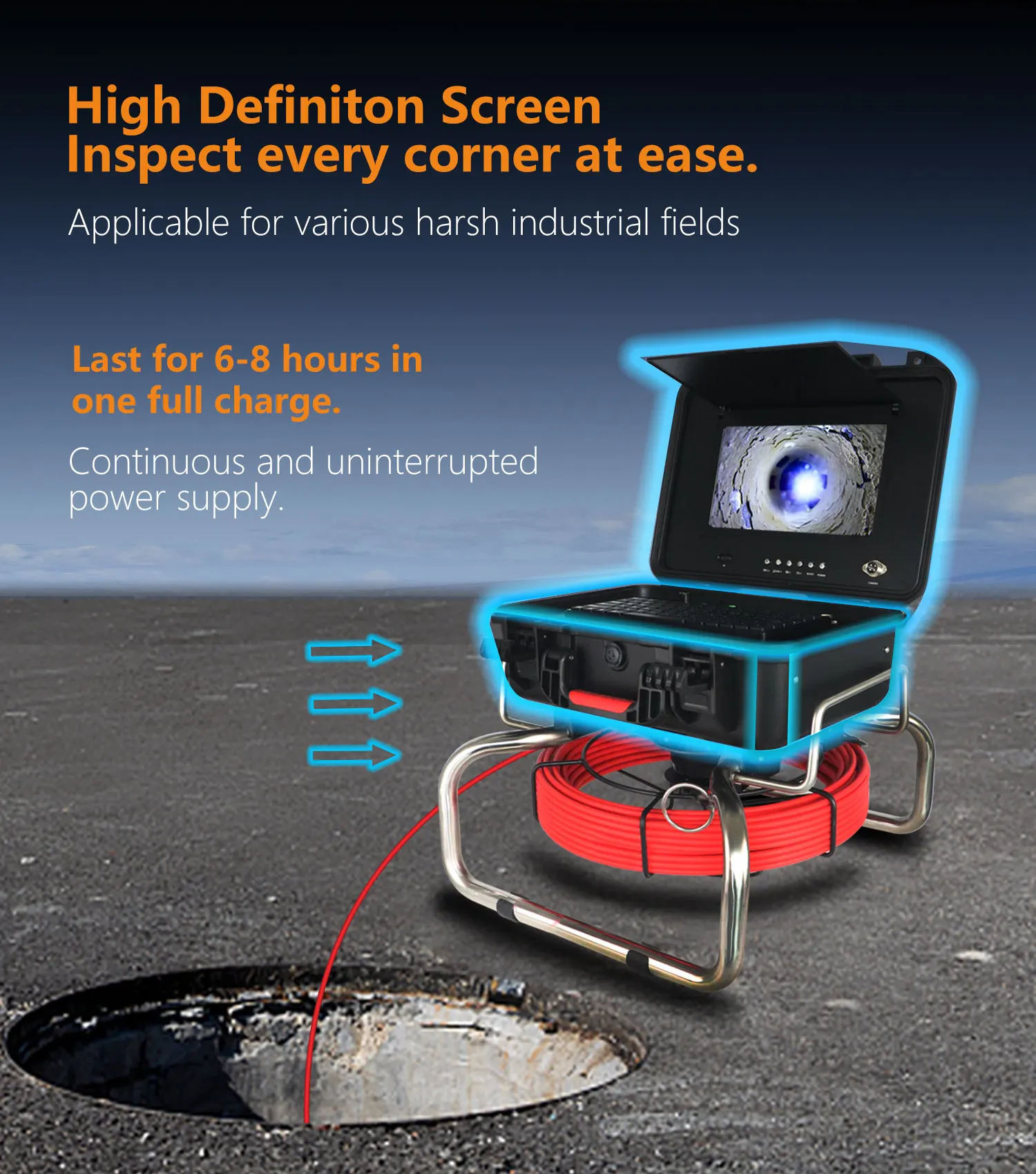 كاميرا فحص المجاري/الخطوط الأنابيب من الألياف الزجاجية بطول 20 مترًا و7 مم - 1080P HD، IP67 مقاومة للماء، 12 مصباح LED قابل للتعتيم، DVR CE RoHS مدمج