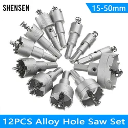 12Pcs15-50mm Alloy Hole Saw Set Carbide Tip TCT Metal Cutter Core Drill Bit Kits for Stainless Steel Metal Drilling Crown
