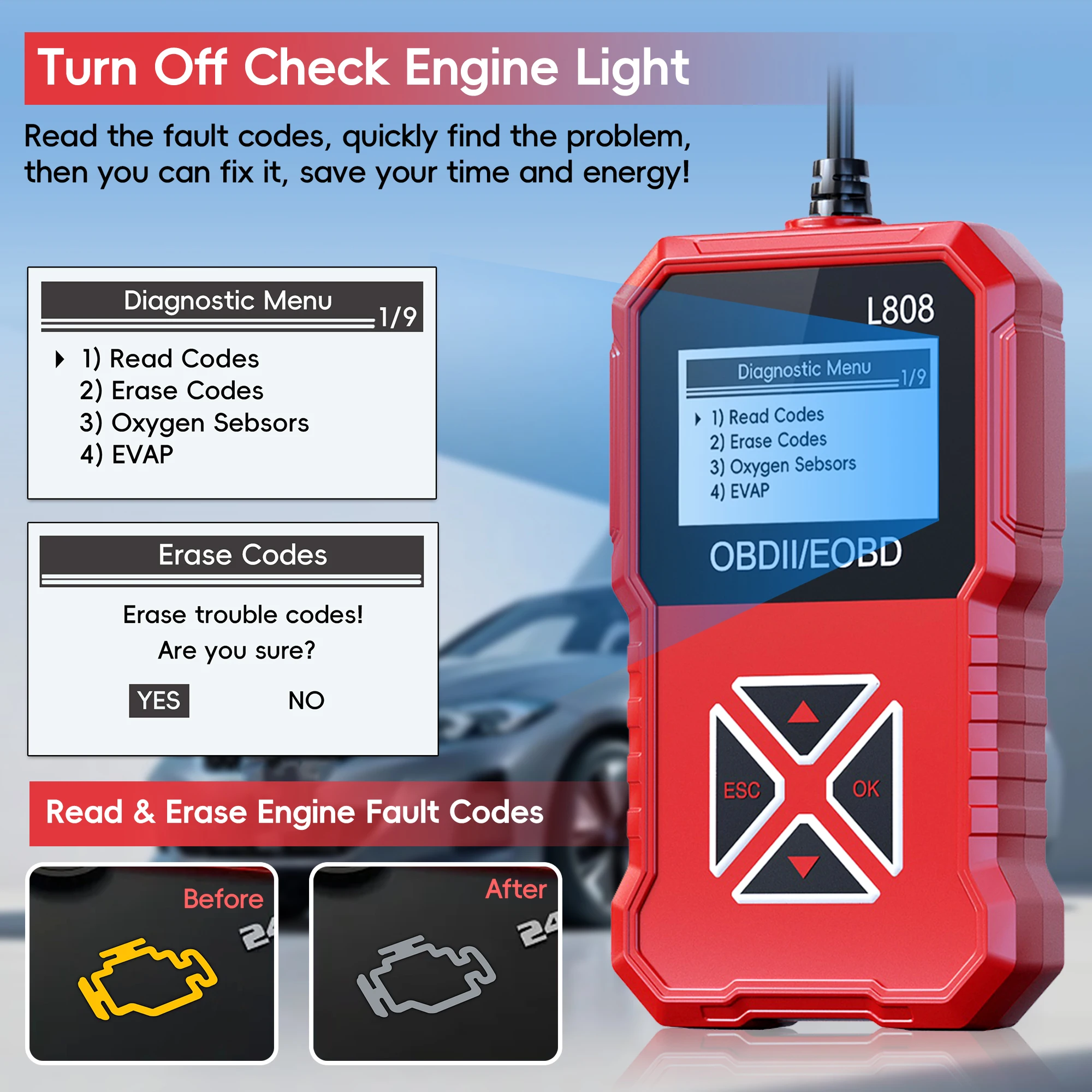 OBD2 Scanner, Enhanced OBD II Auto Code Reader, Car Diagnostic Scan Tool Vehicle Check Engine Light Analyzer for All OBDII Vehic