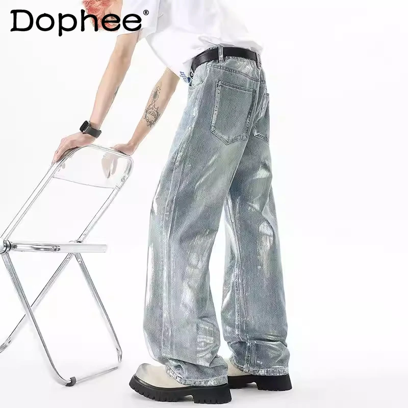 

Модные джинсы с принтом для мужчин, коллекция 2026 года, всесезонные, свободные прямые джинсовые брюки, стильные, с уникальным декором карманов