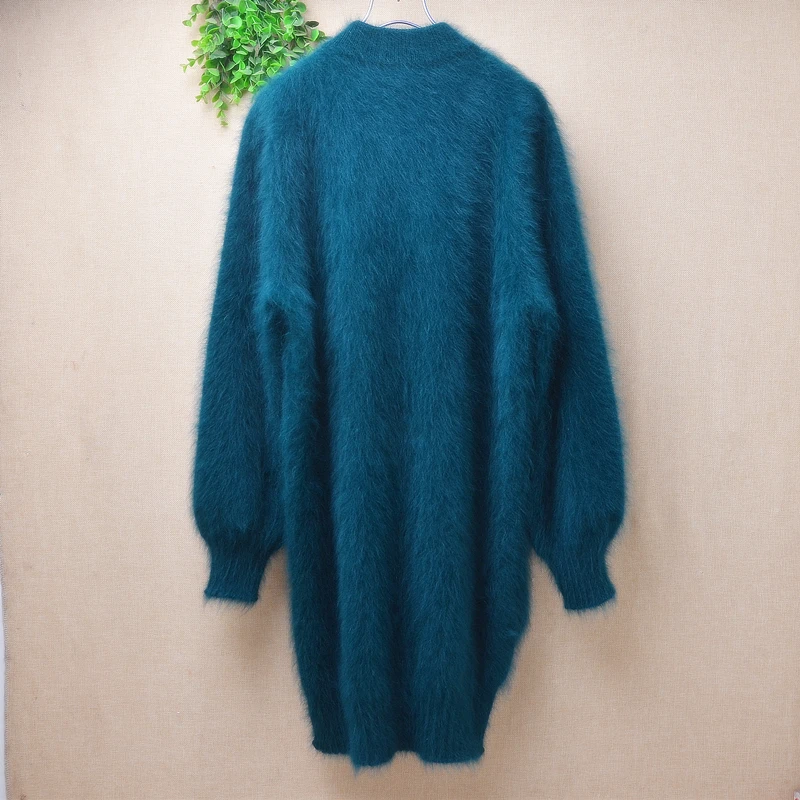 Ladies Women Autumn Winter Green Hairy Angora Rabbit Hair Knitted O-Neck Long Sleeves Split Slim Blouses Pullover Sweater Pull