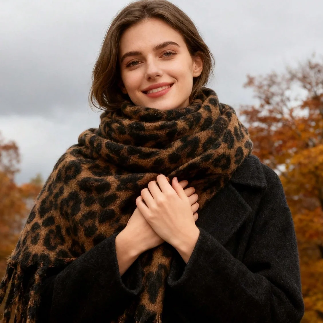 الخريف والشتاء تقليد الكشمير ليوبارد طباعة وشاح المرأة الدافئة وسميكة وشاح الرجعية ليوبارد طباعة مع شرابة شال كبير 1