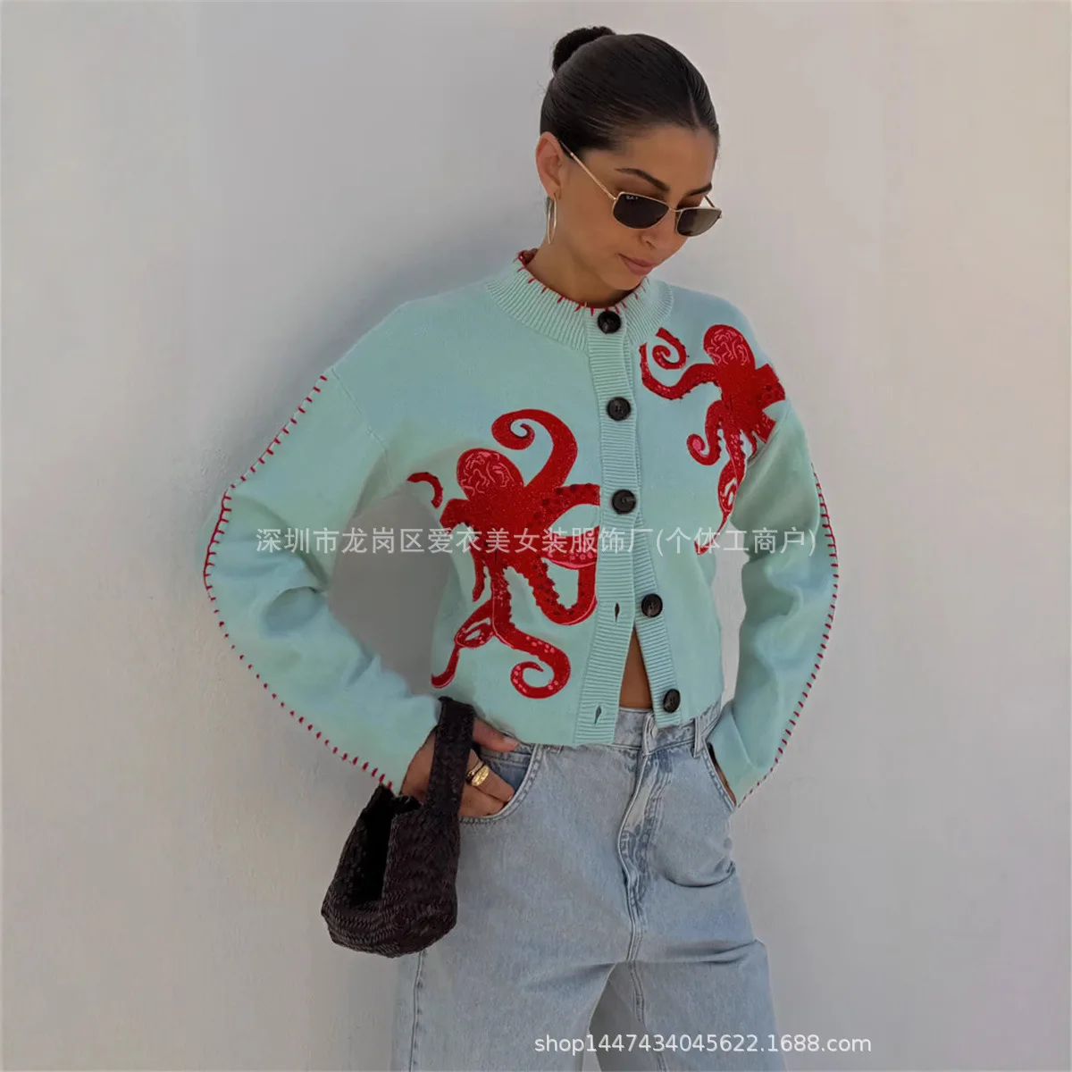 Autumn And Winter Crew Neck Button Heavy Handmade Octopus Cardigan Women's Sweater