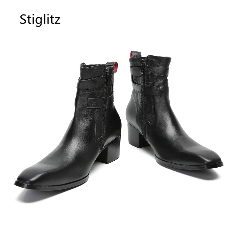 Double Buckle Ankle Men Boots Retro Casual Work Safety Boots Red Black High Heels Leather Side Zipper Business Men\'s Shoes