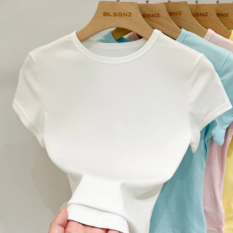 AOSSVIAO Trendy Cotton Short Sleeve Women's T-Shirt 2026 Summer New Design Slim Fit Basic Top Solid Color Versatile O-Neck Tees