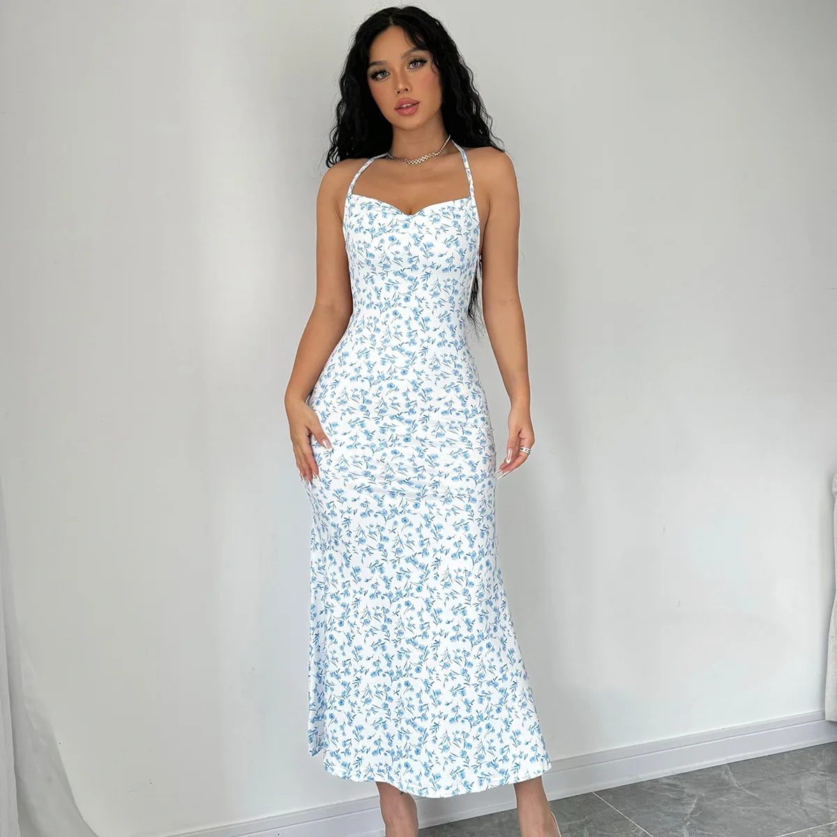 Y2K Women Halter Neck Midi Dress Casual Summer Floral Print Tie Backless Split Party Dress for Beach Club Streetwear