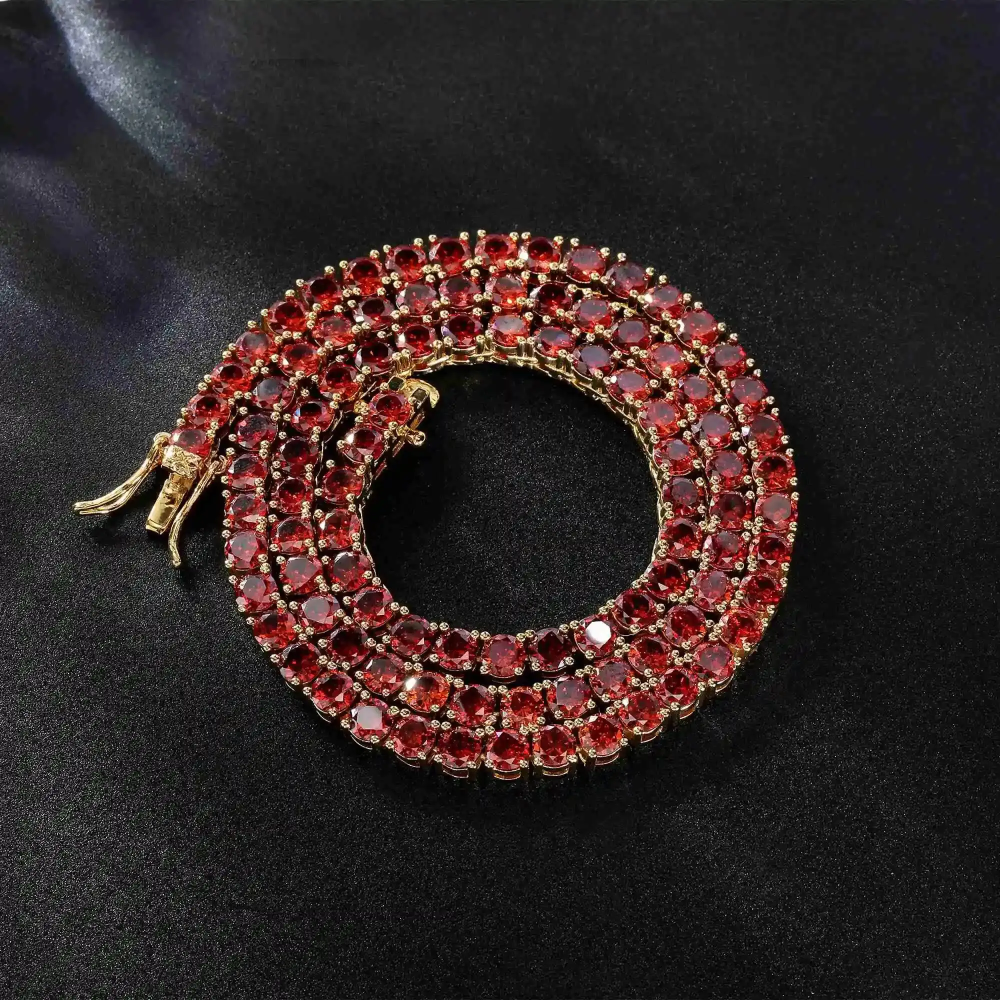 

S925 necklace Moissanite Gold Plated Ruby Red Color Stone 1 Row 4 mm Women Men's Hip Hop Diamond Iced Out Moissanite Chain