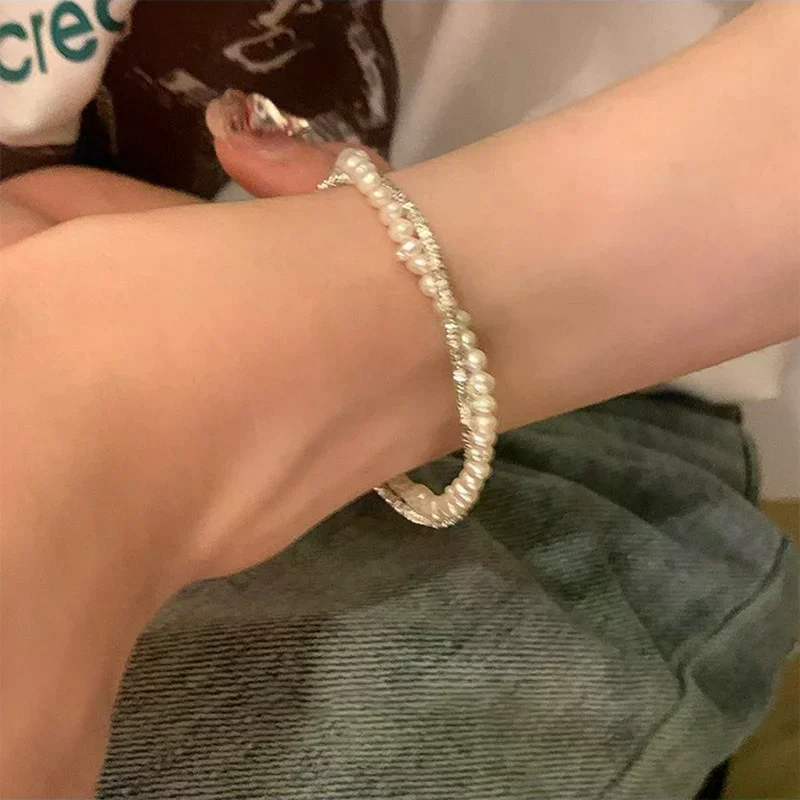 Double Layer Irregular Pearl Bracelet, Exquisite Beaded Chain Charm Wristband Gift For Women