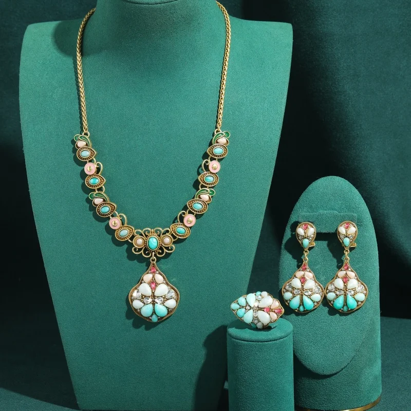Conjuntos de Joyería Vintage Verde y Rosa en Forma de Abanico, Collar, Pendientes y Anillos de Marca de Lujo para Mujer, Diseño de Gota de Agua, Tendencias 2026