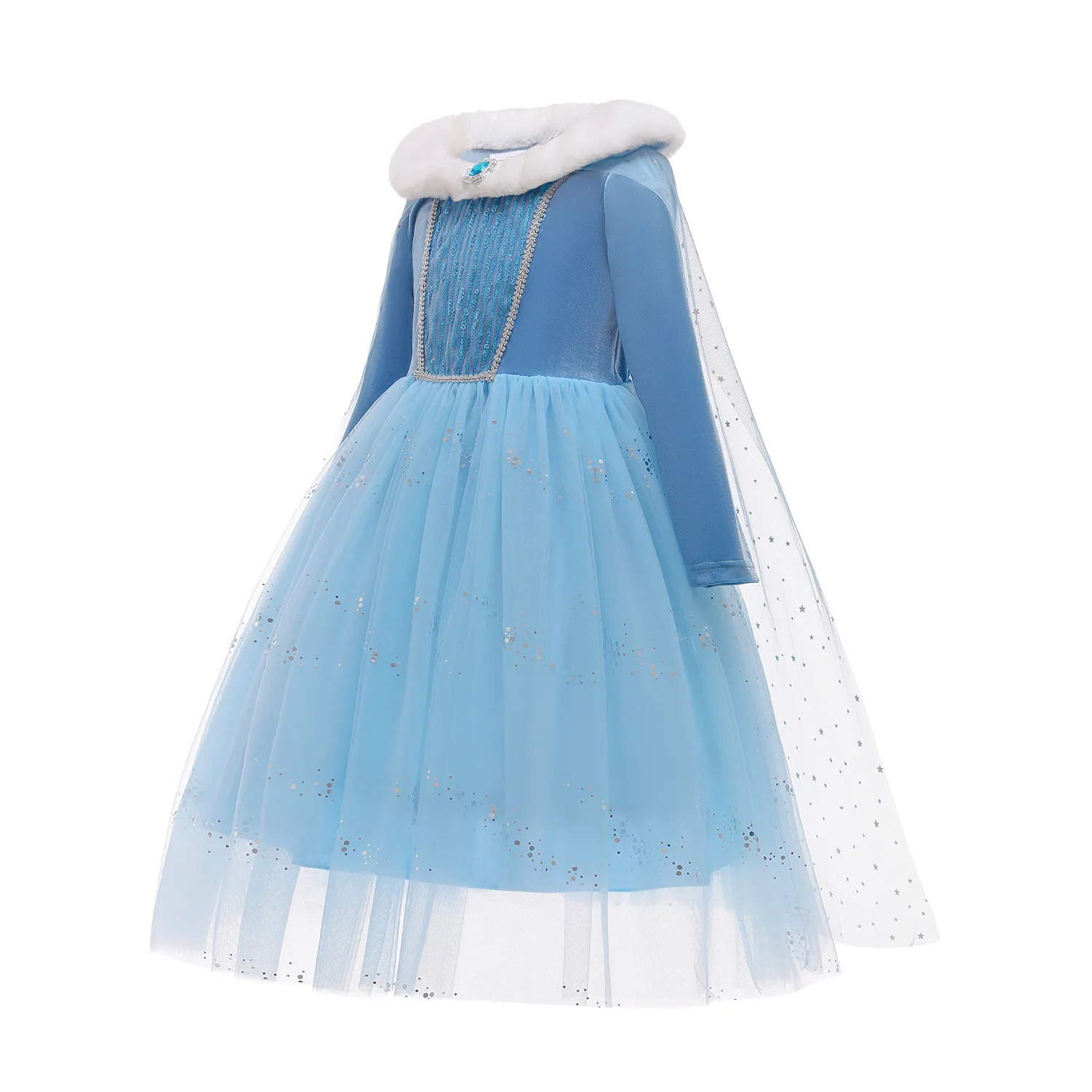 Gaun Cosplay Elsa Kartun Halloween dengan Jubah Anak Perempuan Gaun Putri Payet Beludru Musim Dingin Gaun Elegan Karnaval Anak-anak