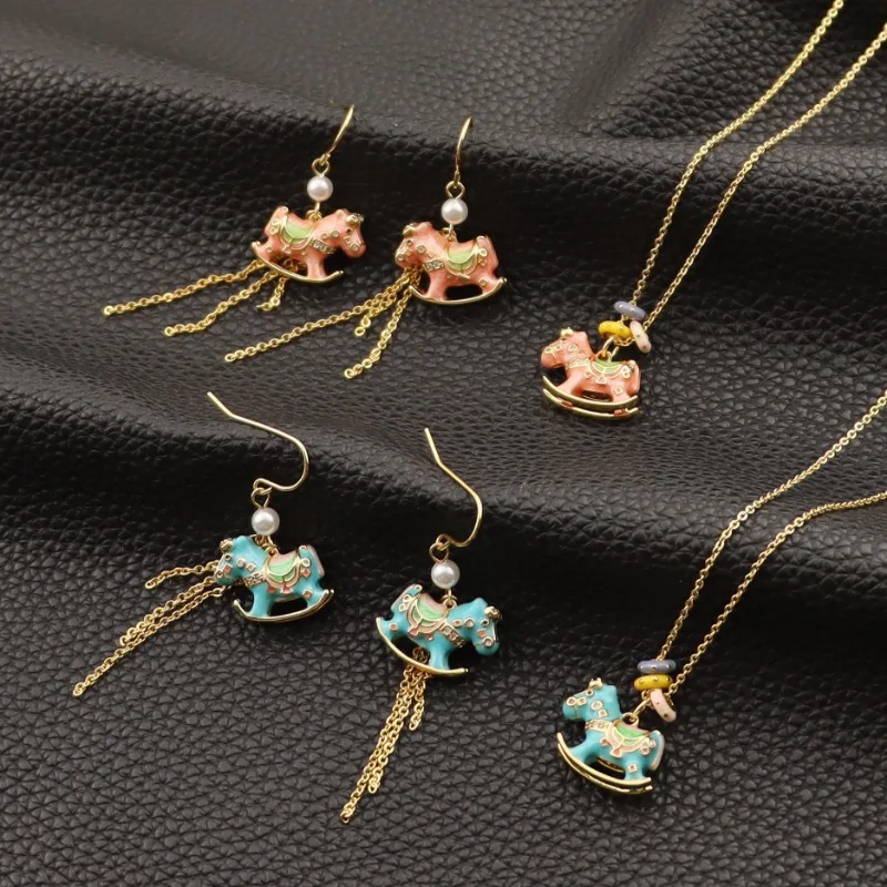

Children's Fun Ancient Sense Peach Pink Color Blue Lucky Rocking Horse Pendant Necklace Fishhook Earrings Accessories for Women