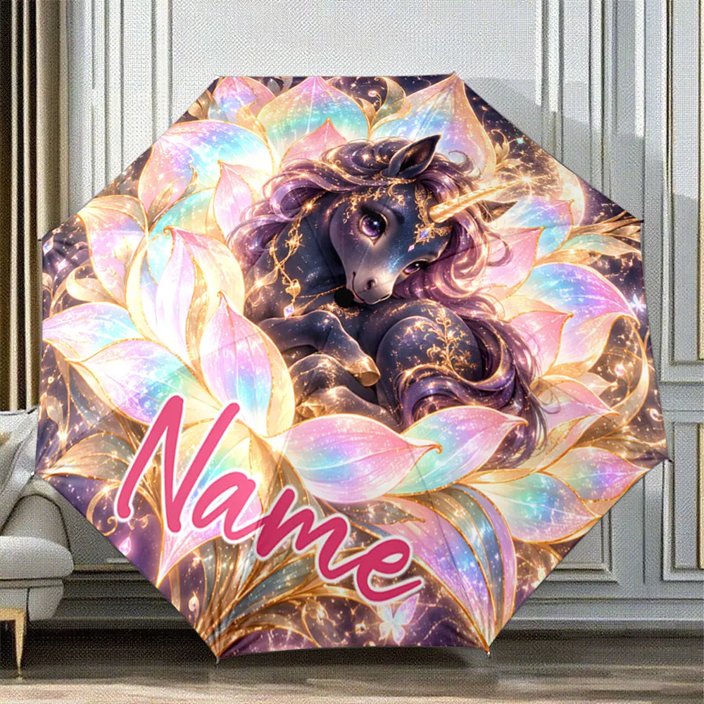 Custom Name Umbrella Black Unicorn with Pink Mane and Golden Petals 8 Iron Ribs Folding Umbrella Auto-Open Fashion Sunshade