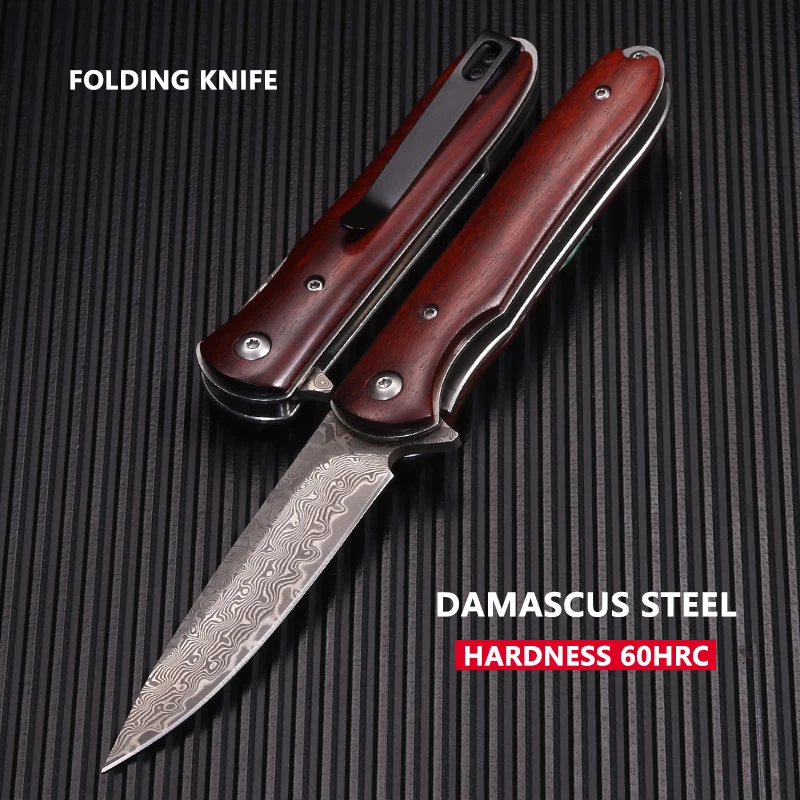 Damascus Steel Blade Red Rosewood Handle Outdoor Folding Camping Fishing Hunting Mountaineering EDC Tool Knife