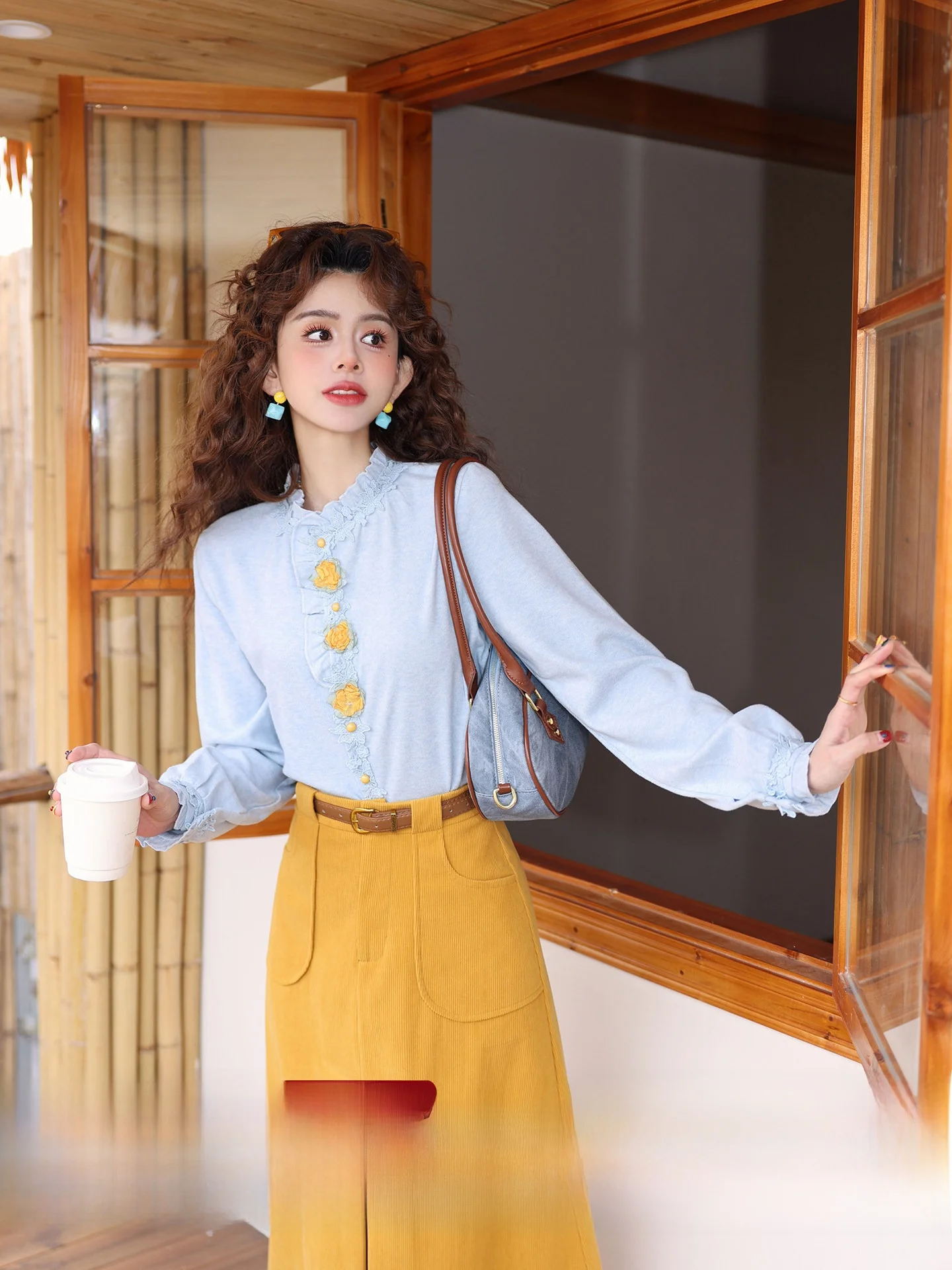 

Chend Long Sleeve Ruffle Collar Cotton Blend Shirt Women's Vintage Style Straight Cut Spring Top Fine Rain Design Sensation