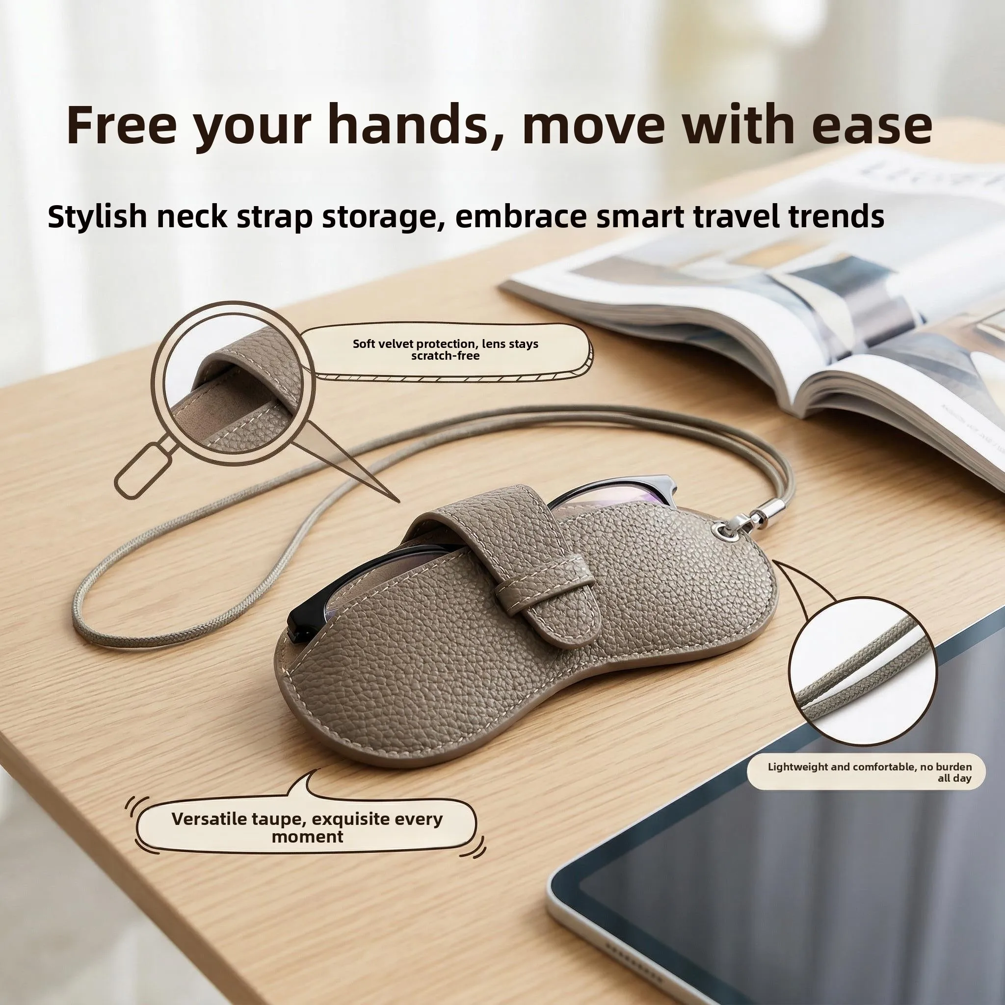 

Portable Neck Strap Leather Eyeglass Case Men's Sunglasses Storage Bag Protective Cover Convenient Travel Organizer